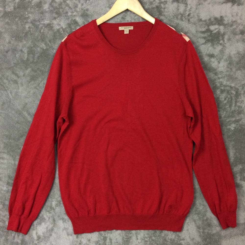 Burberry Brit Sweater Mens L Red Cotton Nova Check Shoulder Pullover